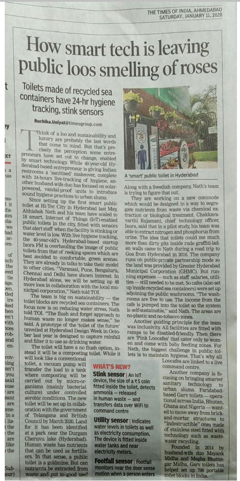 Times of India newspaper article on smart tech in public toilets January 2020