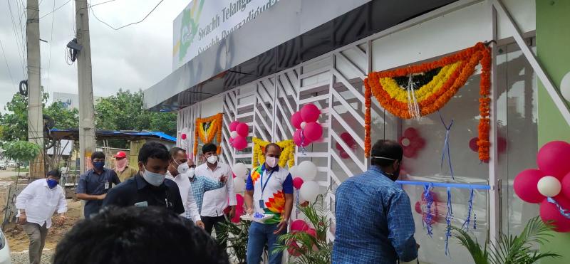 Swachh Telangana facility inauguration with balloons and marigold decorations